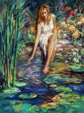 風景 Painting - 庭の涼しい水の女の子